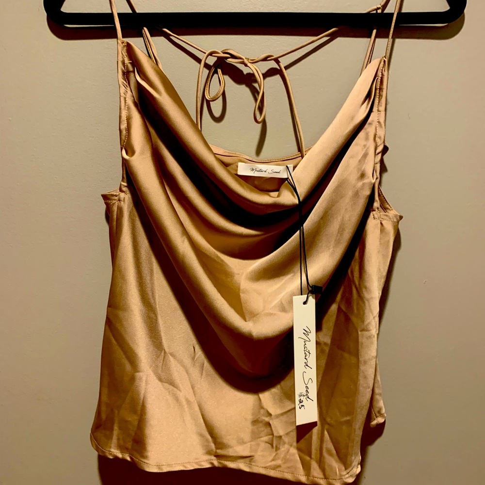 Khaki silk cami with beautiful drape front & ties in back of neckline